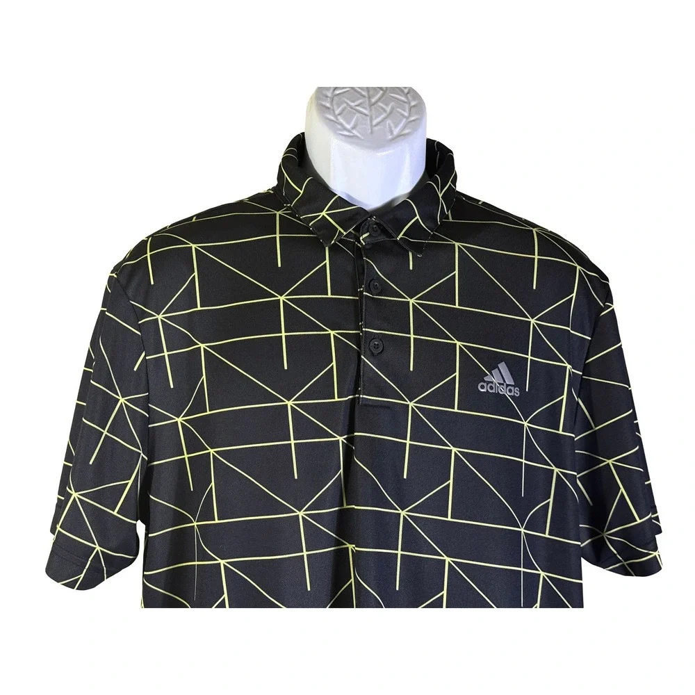 Adidas Polo Shirt Mens Large‎ Black Lime Green Geometric Grid Golf Athletic Top